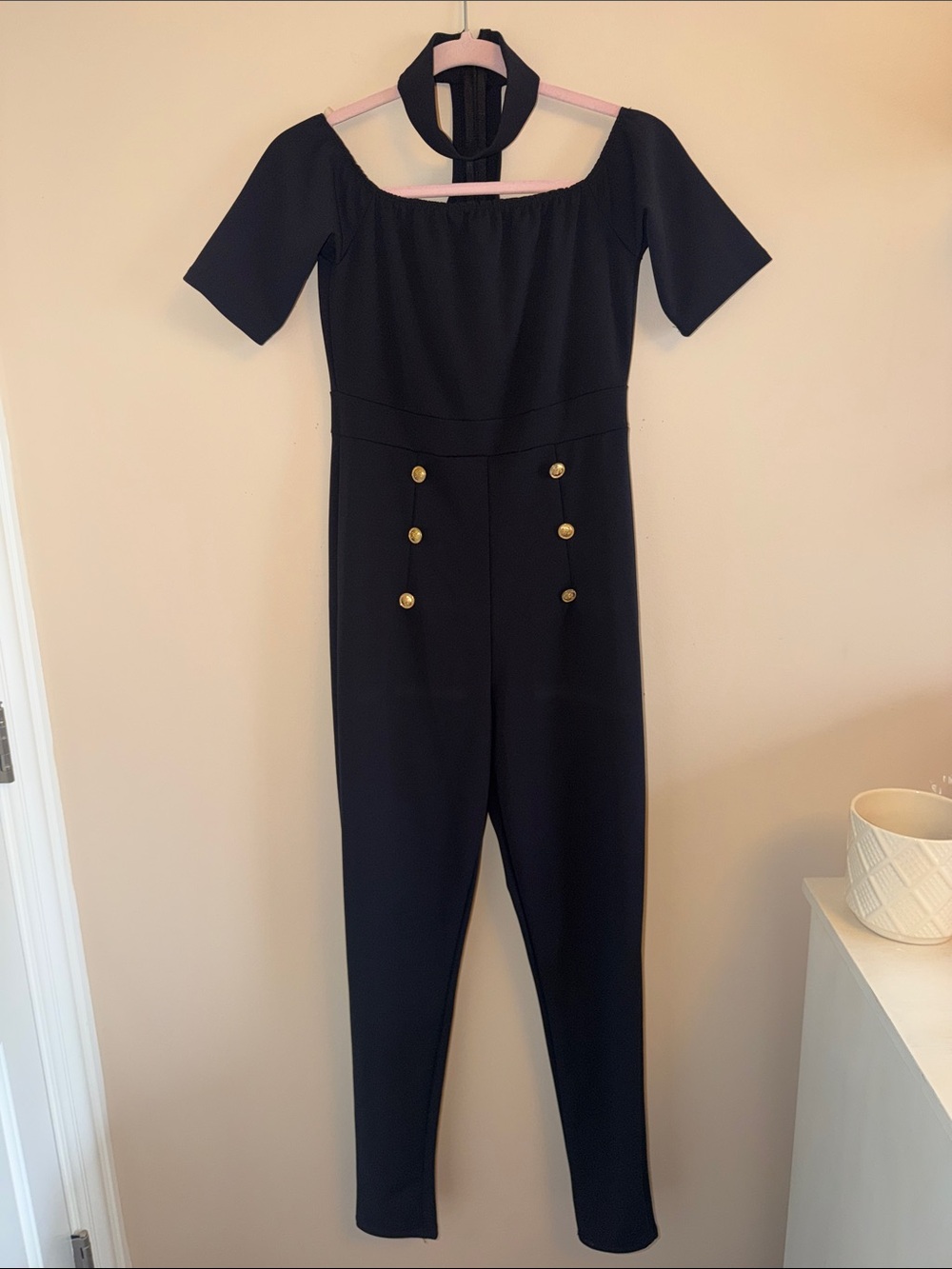 Off-Shoulder Black Jumpsuit with Gold Button Detail and Zipped Neck Chocker